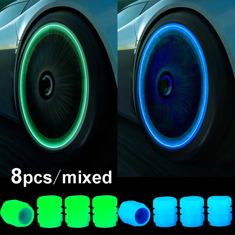 Car Luminous Tire Valve Caps Fluorescent Night Glowing Motorcycle Bicycle Bike Wheel Tyre Hub Valve Stem Caps Decor 1/ 4Pcs