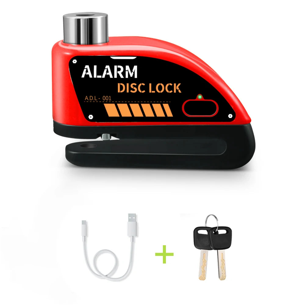 Motorcycle Disc Brake Alarm Lock – 120dB Anti-Theft Security with Reminder Cable & Rechargeable Battery