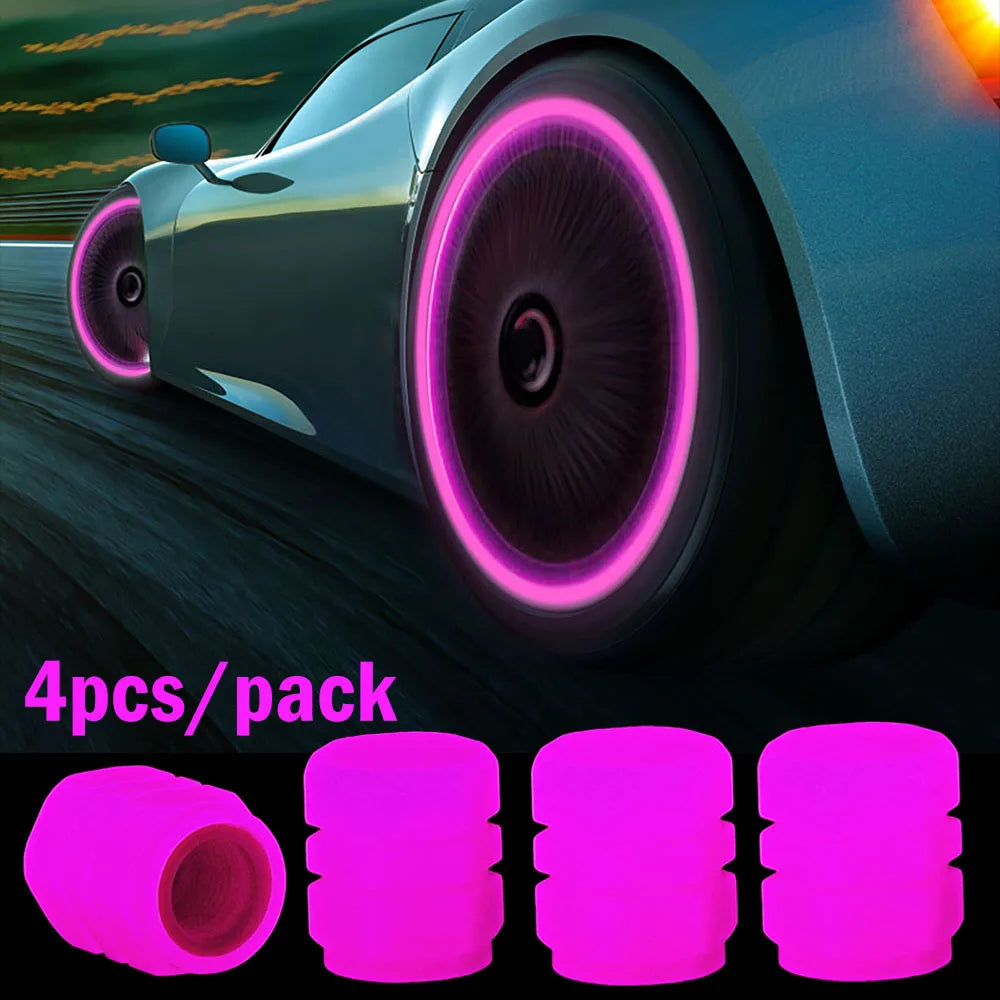 Car Luminous Tire Valve Caps Fluorescent Night Glowing Motorcycle Bicycle Bike Wheel Tyre Hub Valve Stem Caps Decor 1/ 4Pcs