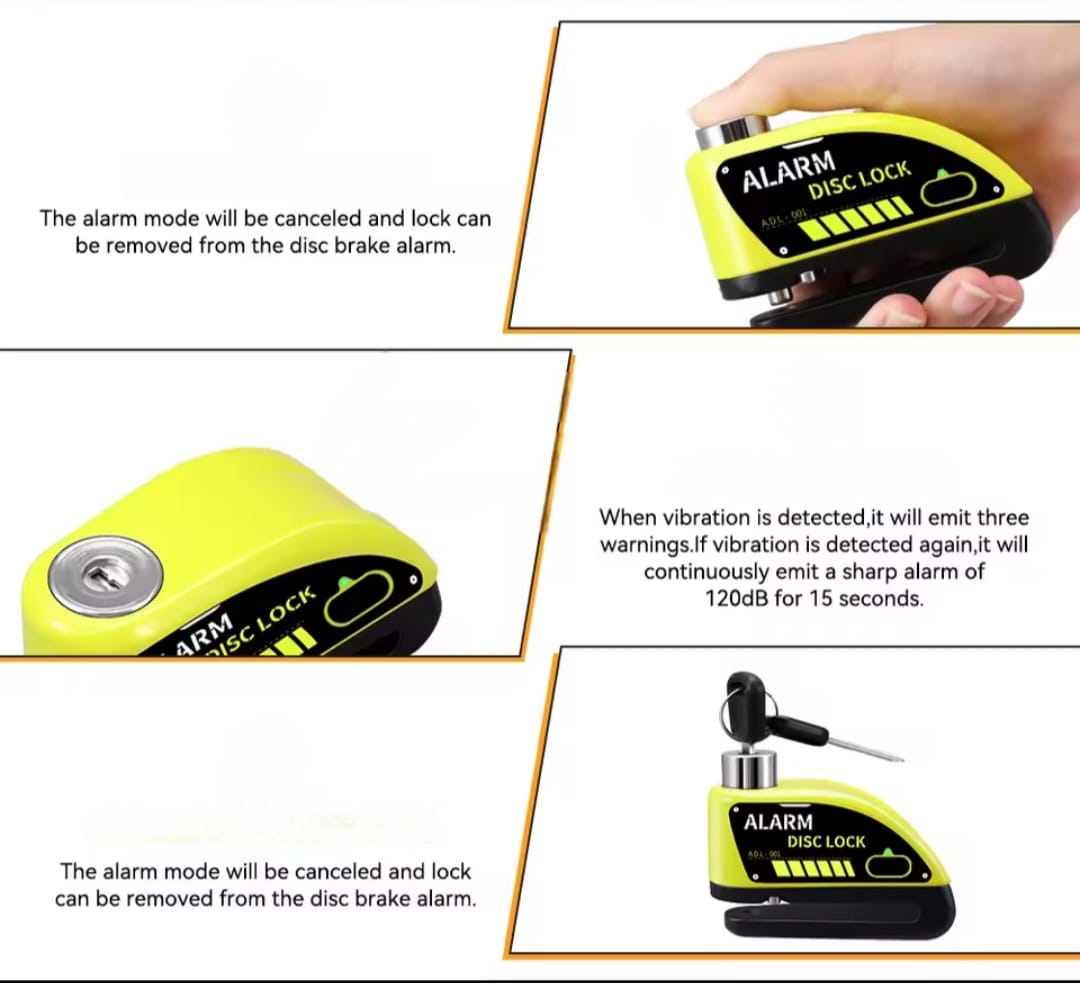 Motorcycle Disc Brake Alarm Lock – 120dB Anti-Theft Security with Reminder Cable & Rechargeable Battery