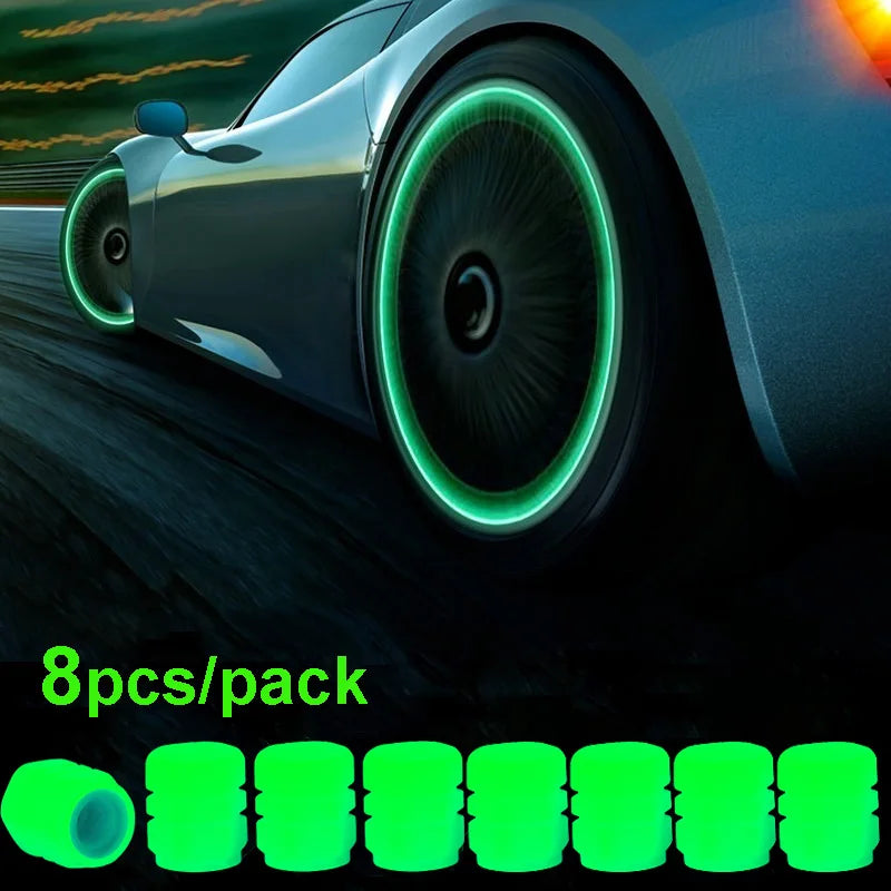 Car Luminous Tire Valve Caps Fluorescent Night Glowing Motorcycle Bicycle Bike Wheel Tyre Hub Valve Stem Caps Decor 1/ 4Pcs