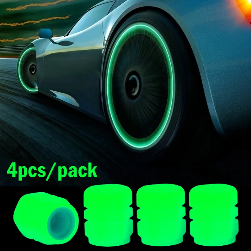 Car Luminous Tire Valve Caps Fluorescent Night Glowing Motorcycle Bicycle Bike Wheel Tyre Hub Valve Stem Caps Decor 1/ 4Pcs