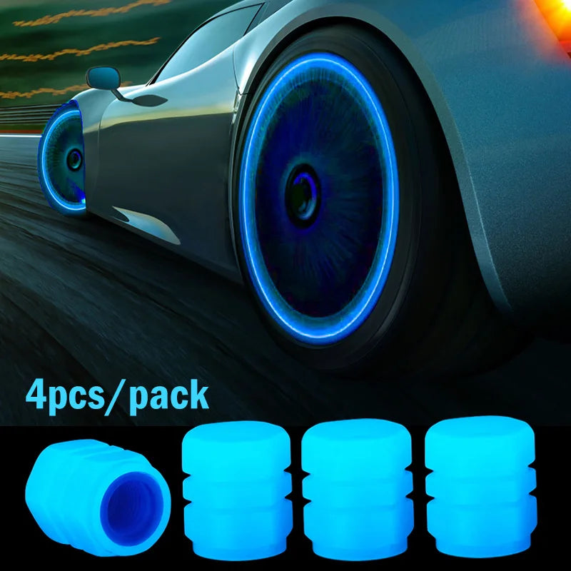 Car Luminous Tire Valve Caps Fluorescent Night Glowing Motorcycle Bicycle Bike Wheel Tyre Hub Valve Stem Caps Decor 1/ 4Pcs