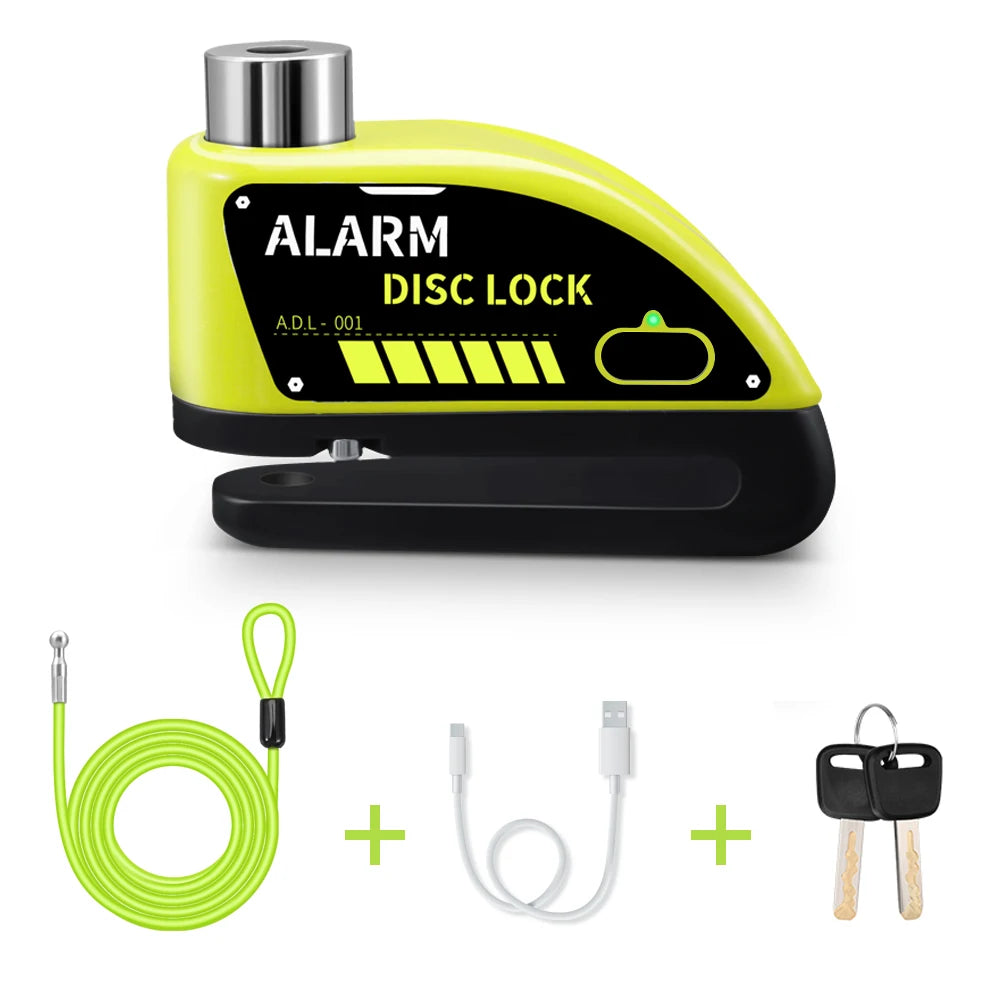 Motorcycle Disc Brake Alarm Lock – 120dB Anti-Theft Security with Reminder Cable & Rechargeable Battery