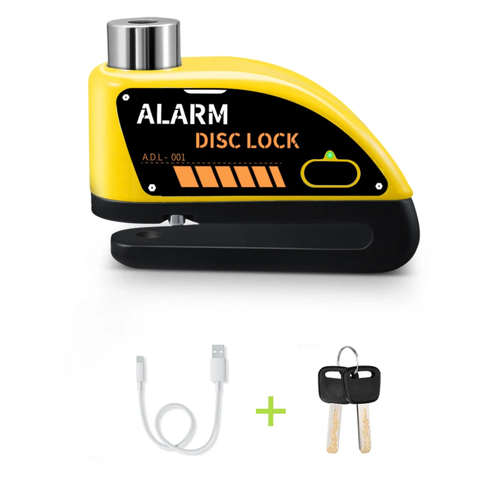 Motorcycle Disc Brake Alarm Lock – 120dB Anti-Theft Security with Reminder Cable & Rechargeable Battery