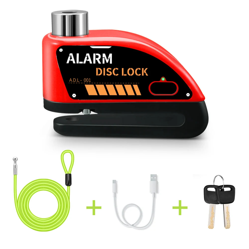 Motorcycle Disc Brake Alarm Lock – 120dB Anti-Theft Security with Reminder Cable & Rechargeable Battery
