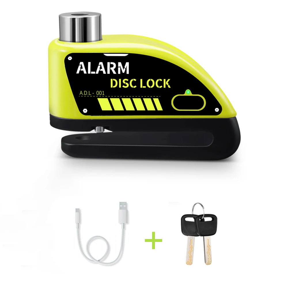 Motorcycle Disc Brake Alarm Lock – 120dB Anti-Theft Security with Reminder Cable & Rechargeable Battery