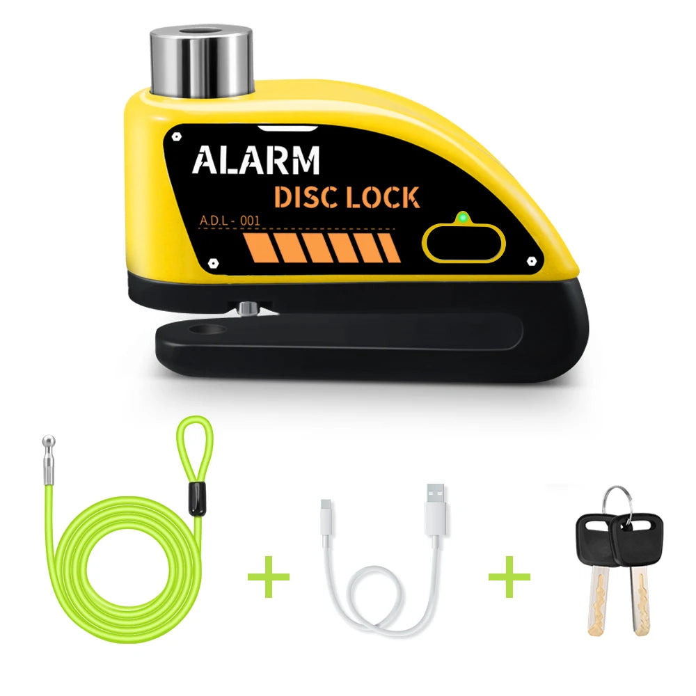 Motorcycle Disc Brake Alarm Lock – 120dB Anti-Theft Security with Reminder Cable & Rechargeable Battery
