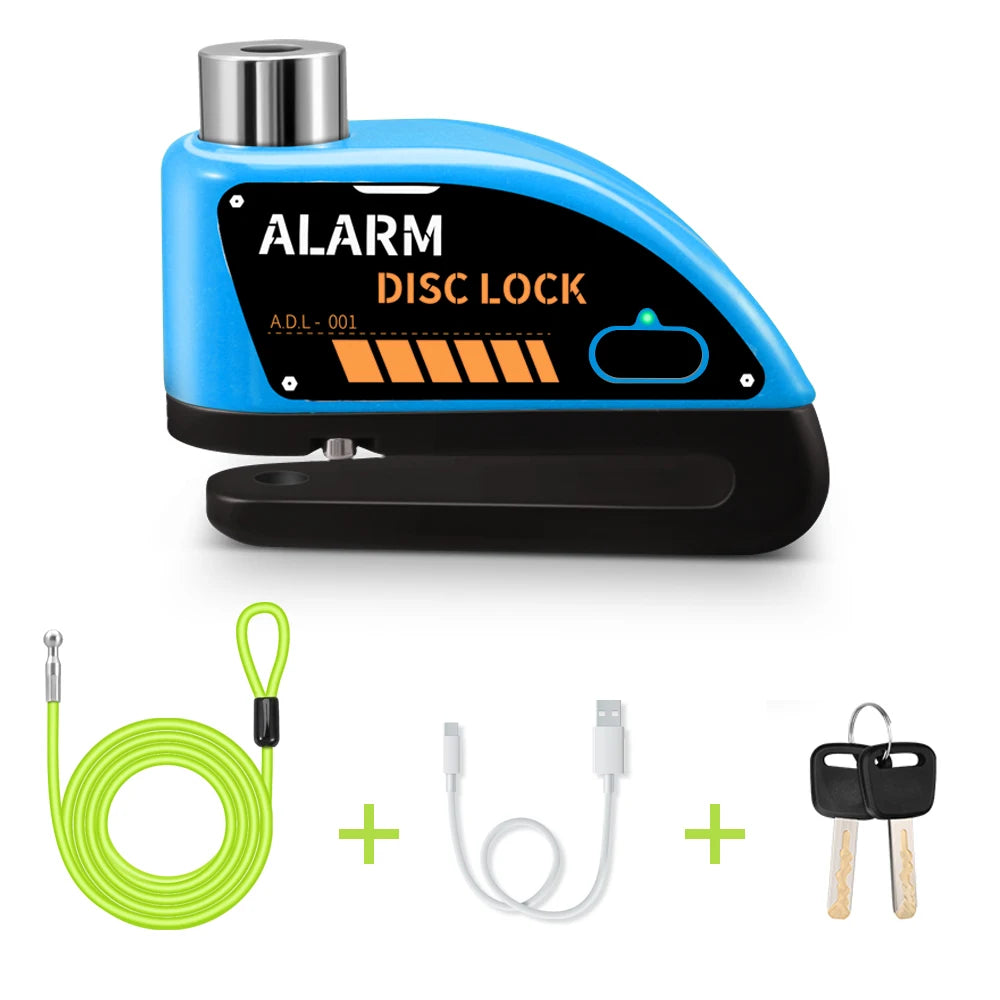 Motorcycle Disc Brake Alarm Lock – 120dB Anti-Theft Security with Reminder Cable & Rechargeable Battery