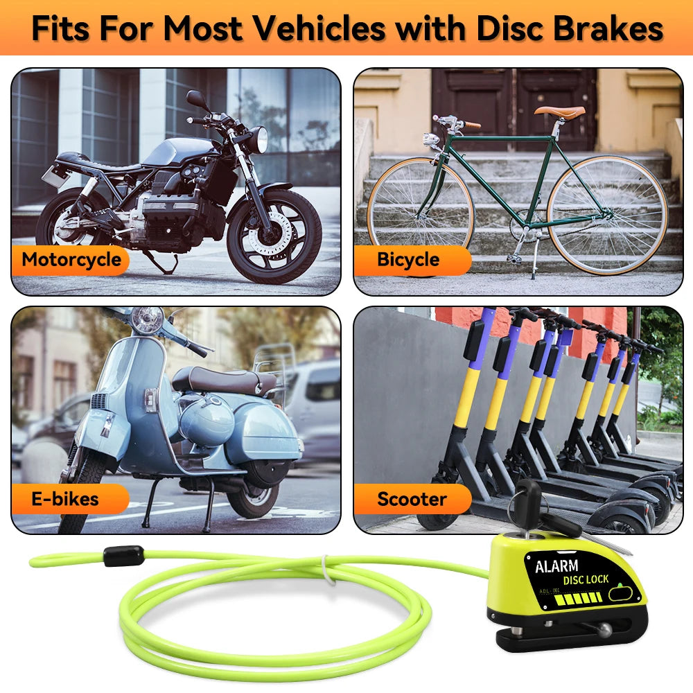 Motorcycle Disc Brake Alarm Lock – 120dB Anti-Theft Security with Reminder Cable & Rechargeable Battery