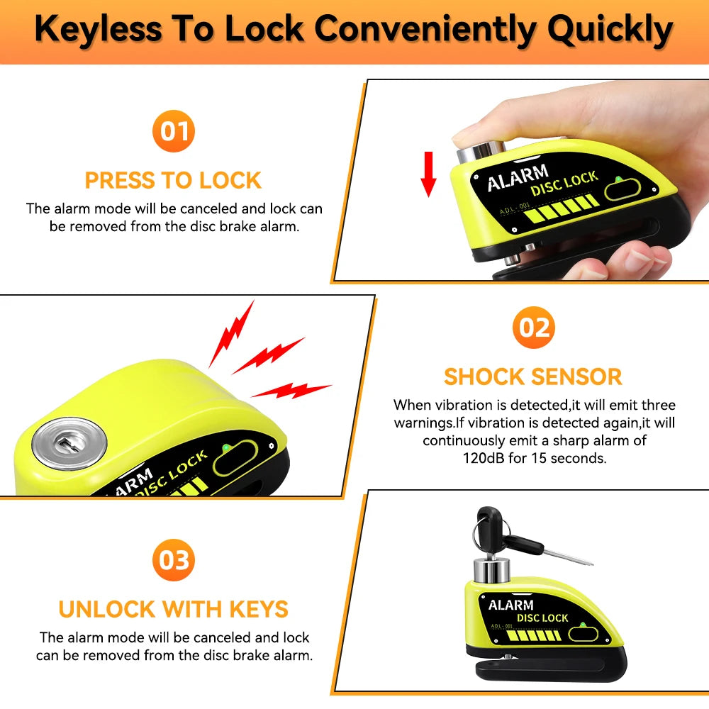 Motorcycle Disc Brake Alarm Lock – 120dB Anti-Theft Security with Reminder Cable & Rechargeable Battery