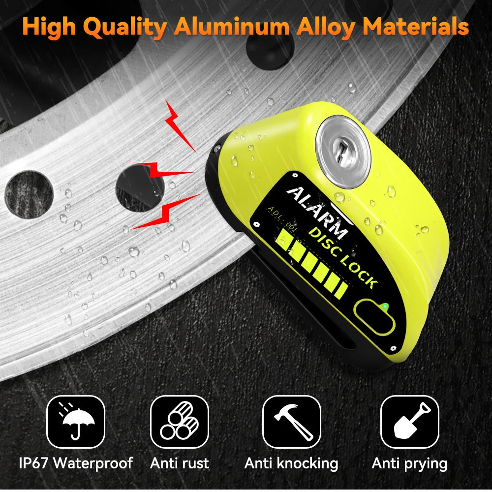 Motorcycle Disc Brake Alarm Lock – 120dB Anti-Theft Security with Reminder Cable & Rechargeable Battery