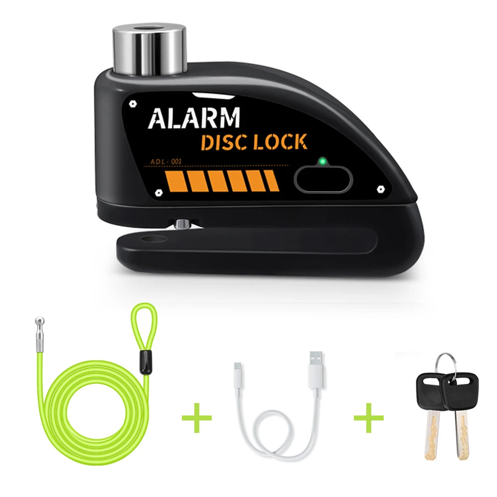 Motorcycle Disc Brake Alarm Lock – 120dB Anti-Theft Security with Reminder Cable & Rechargeable Battery
