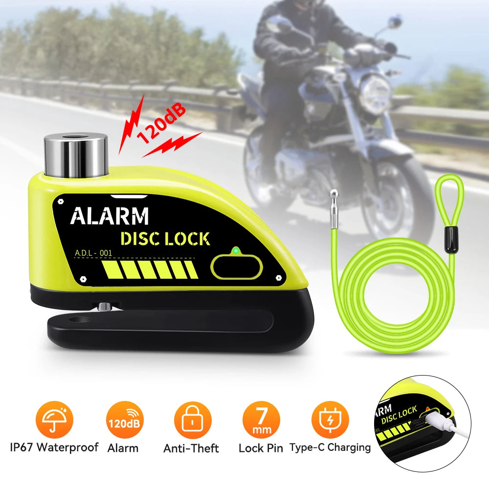 Motorcycle Disc Brake Alarm Lock – 120dB Anti-Theft Security with Reminder Cable & Rechargeable Battery