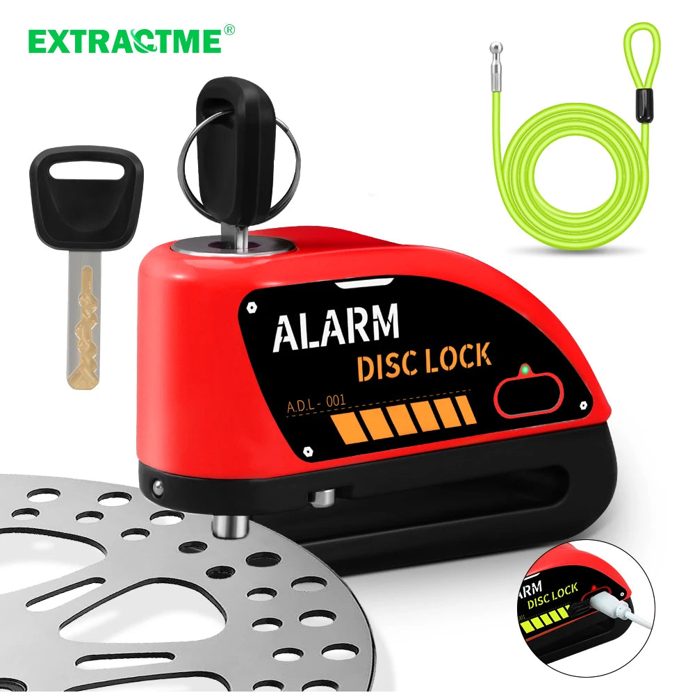 Motorcycle Disc Brake Alarm Lock – 120dB Anti-Theft Security with Reminder Cable & Rechargeable Battery