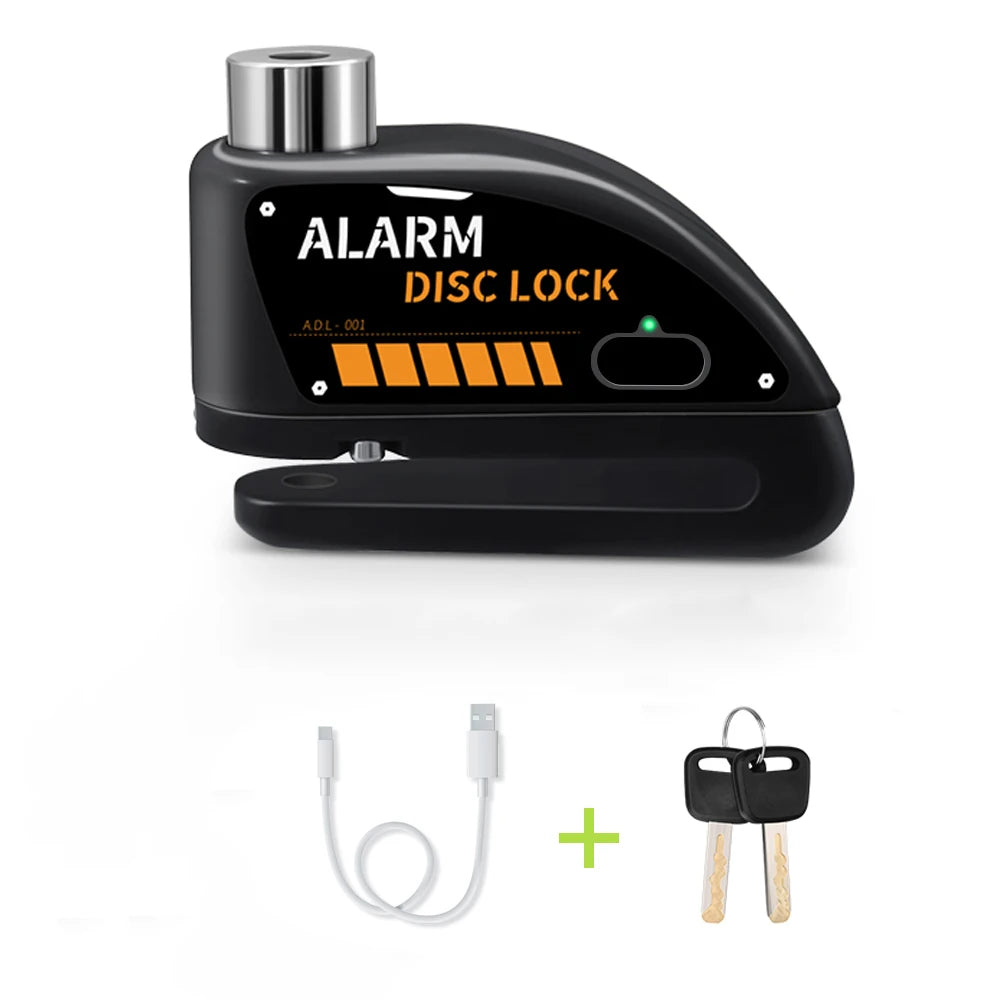 Motorcycle Disc Brake Alarm Lock – 120dB Anti-Theft Security with Reminder Cable & Rechargeable Battery