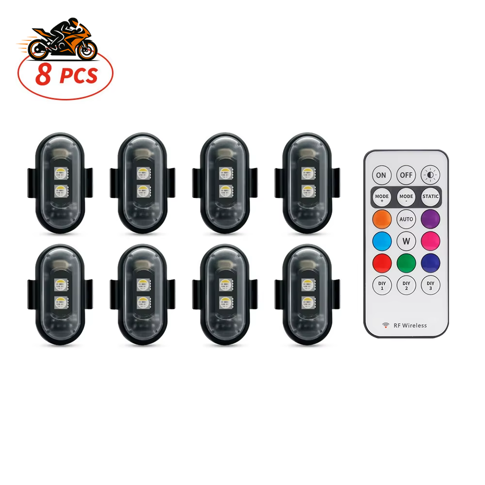 Motorcycle LED RGB Warning Light – 7-Color Mini Signal Lamp with Strobe & Controller (USB Rechargeable)